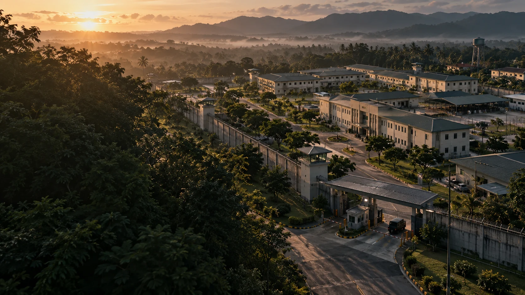 Concept view of a Philippine correctional facility surrounded by tropical greenery