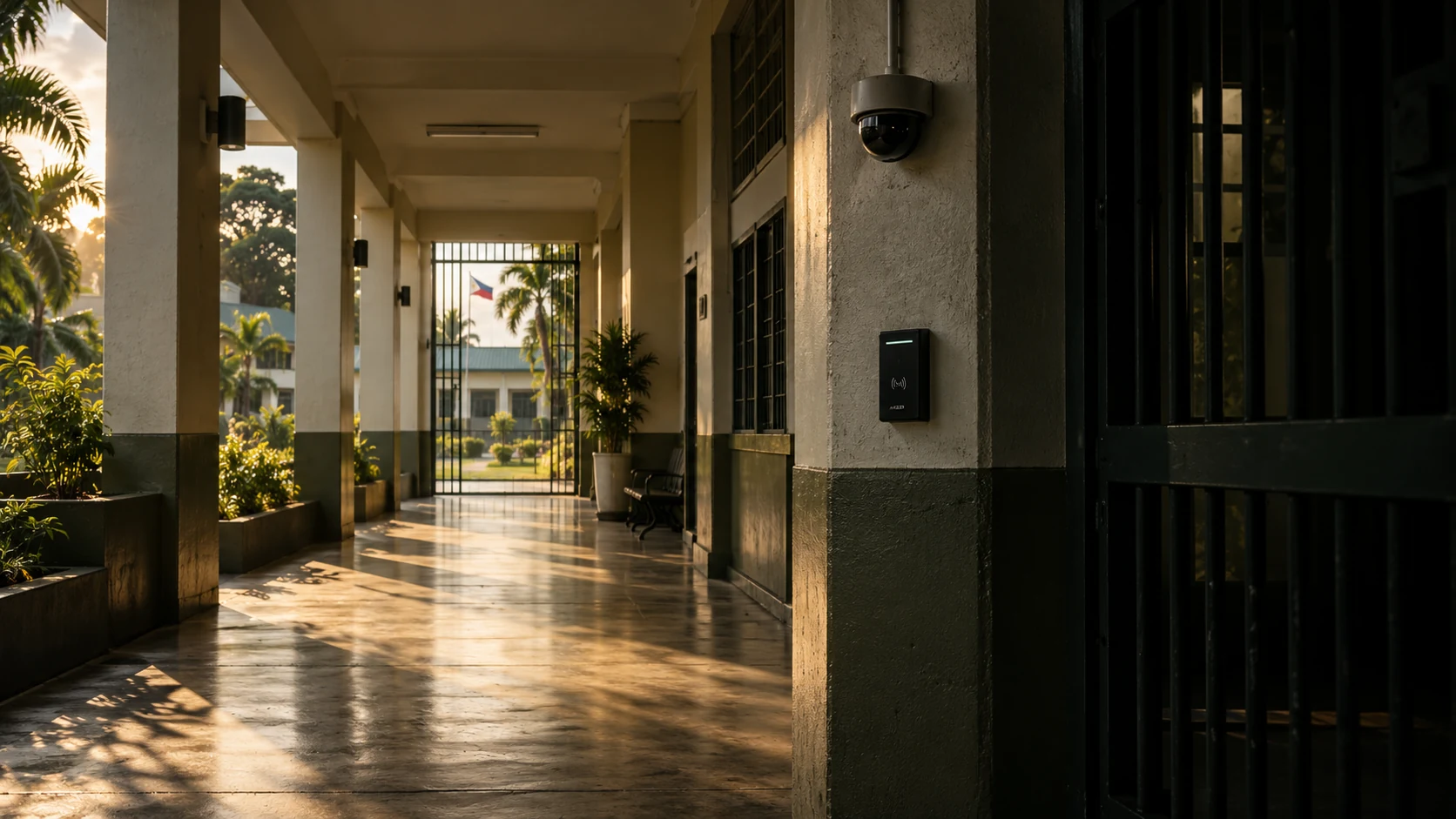Concept institutional corridor opening onto a tropical courtyard