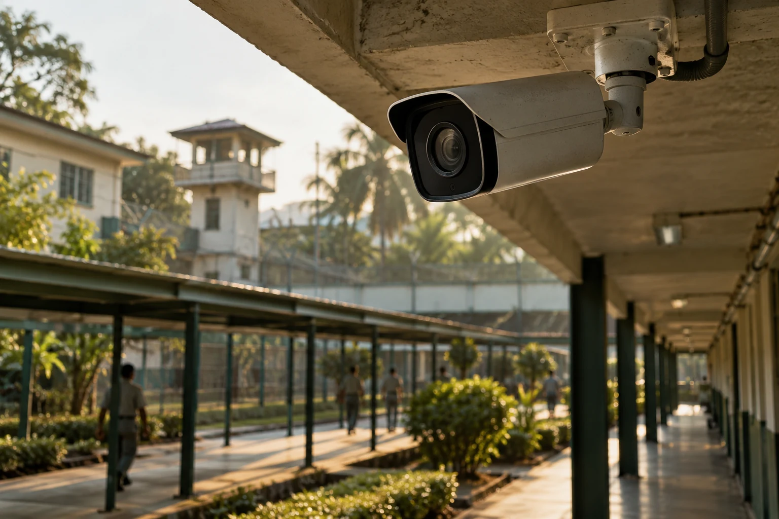 CCTV camera overlooking an institutional covered walkway
