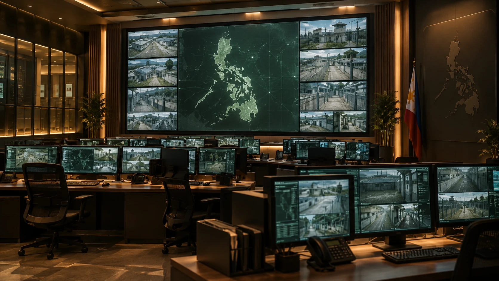 Concept national command center with facility views and a Philippine map