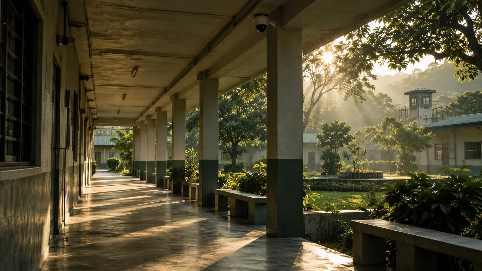 Concept covered institutional path in soft morning light