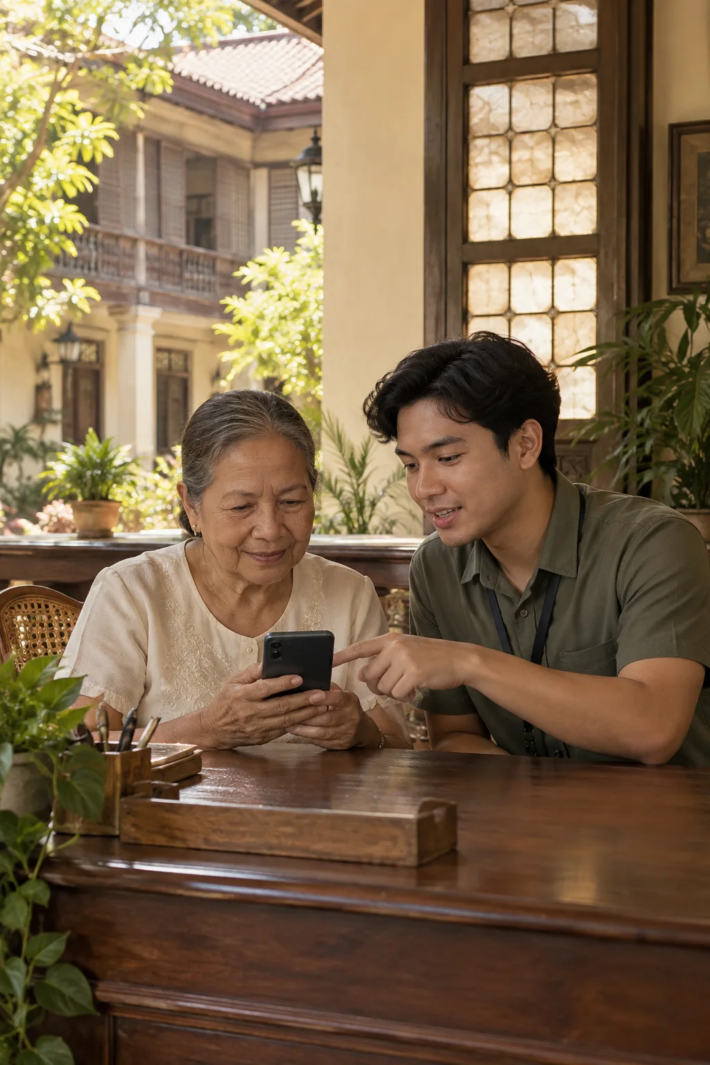An older woman receiving patient help with her phone