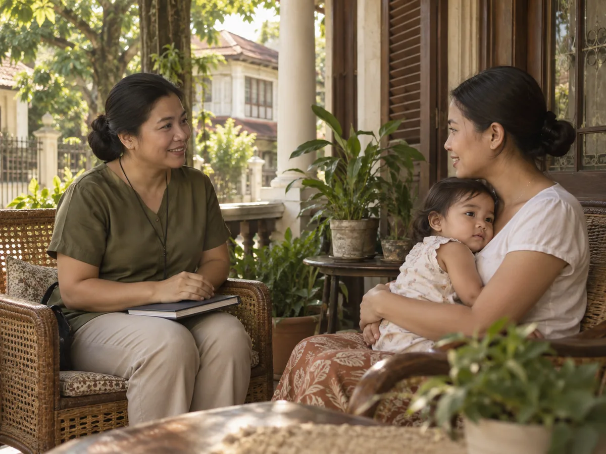 A community health worker listening to a family