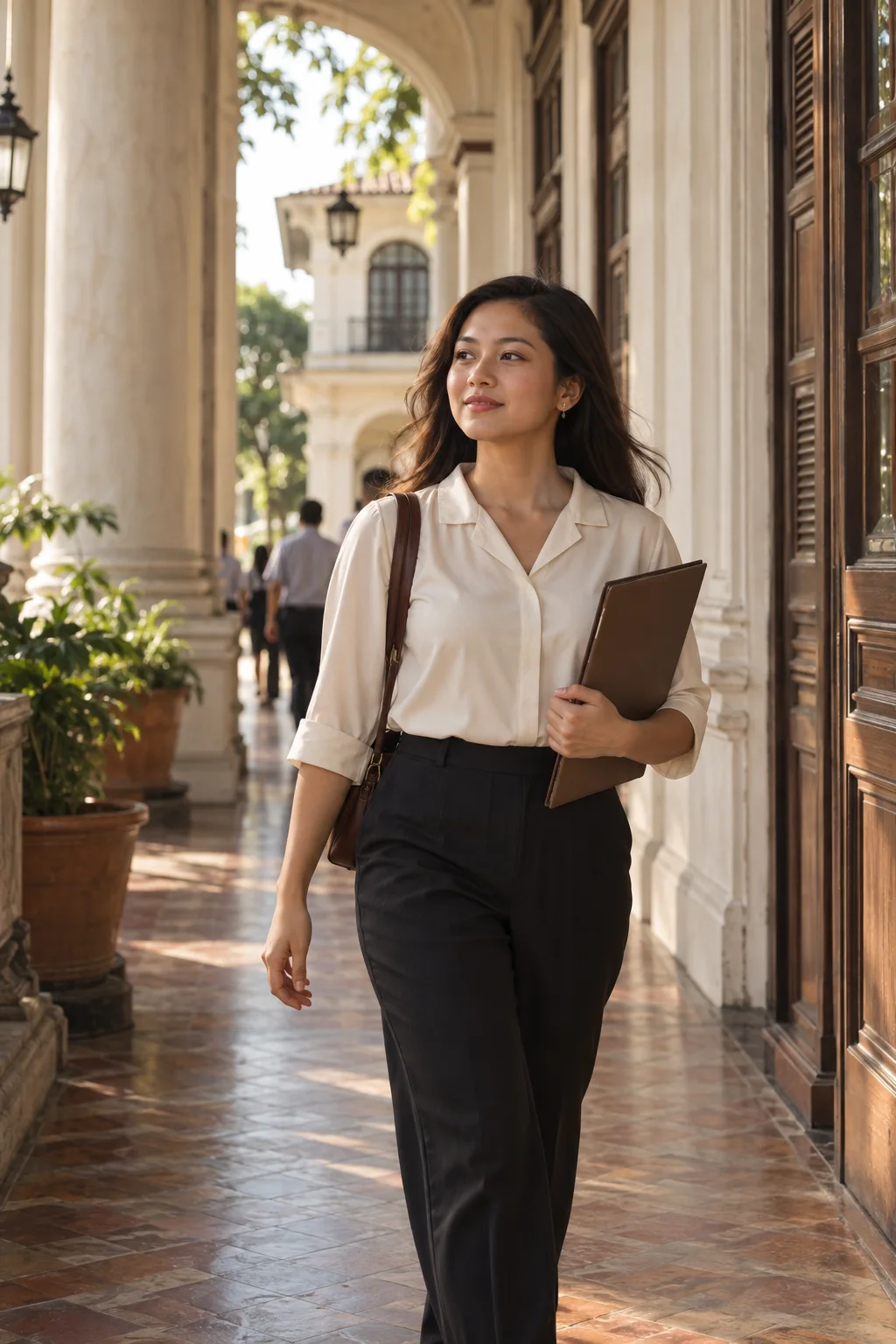 A young adult carrying a folder on her way to an opportunity