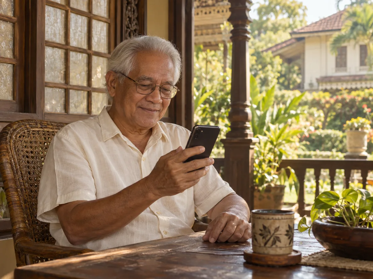 An older resident checking his phone
