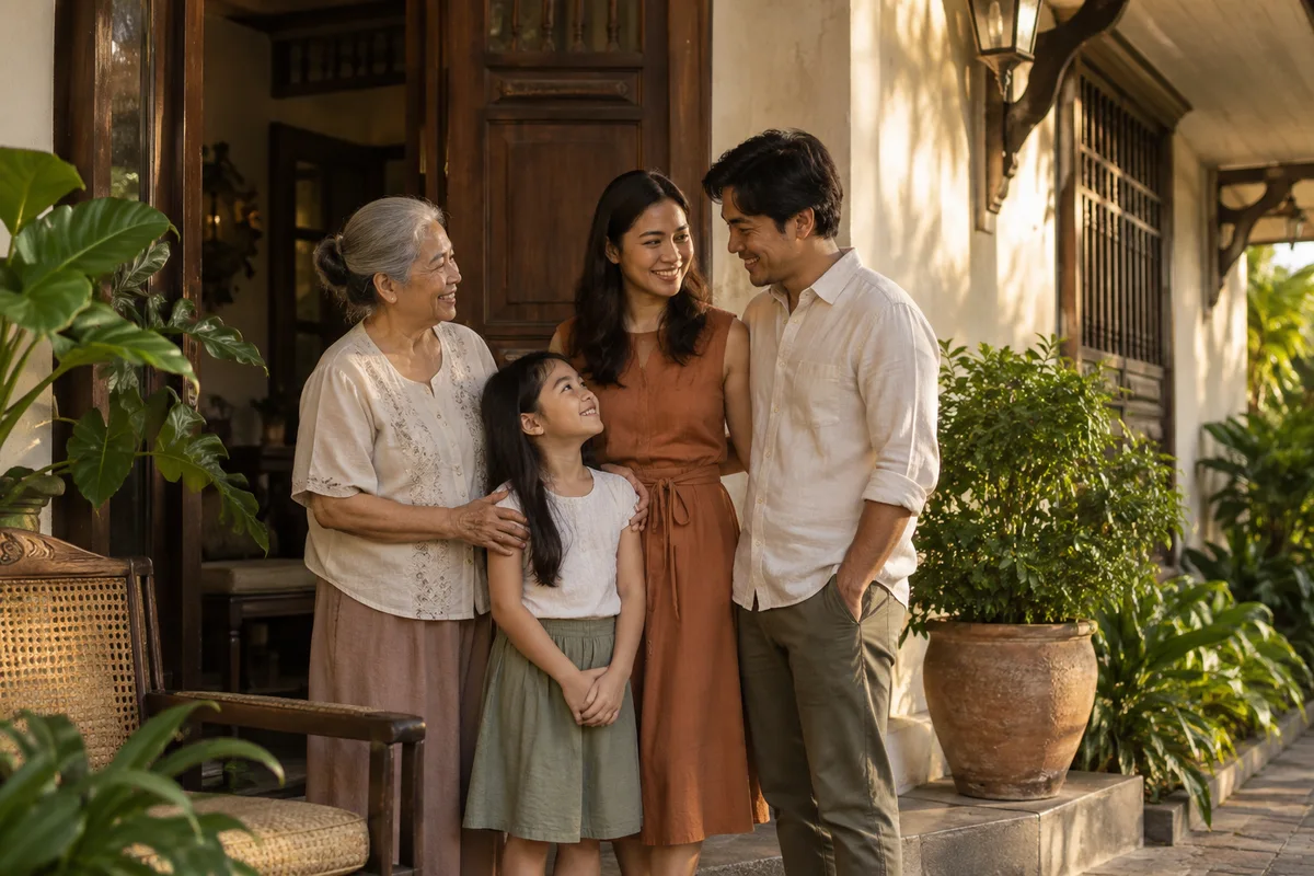 A multigenerational family outside their home