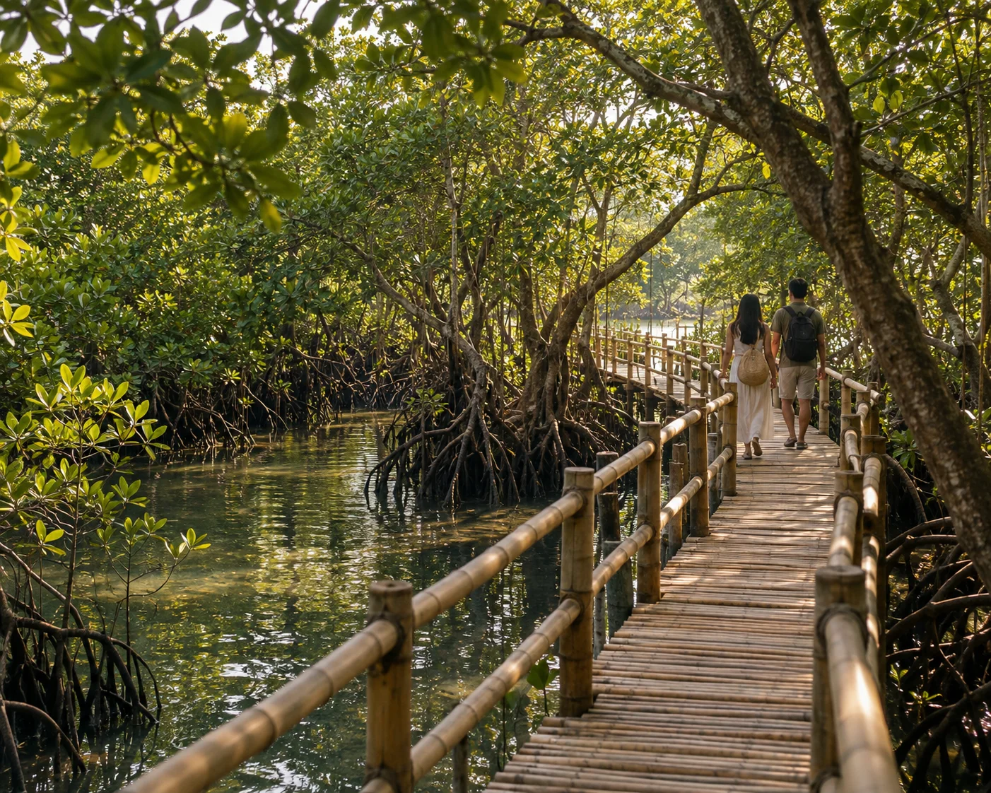 AI-generated interpretation of a bamboo boardwalk through Balaring-inspired mangroves