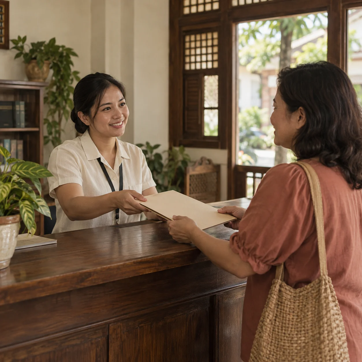 AI-generated scene of a resident receiving friendly help at a barangay desk