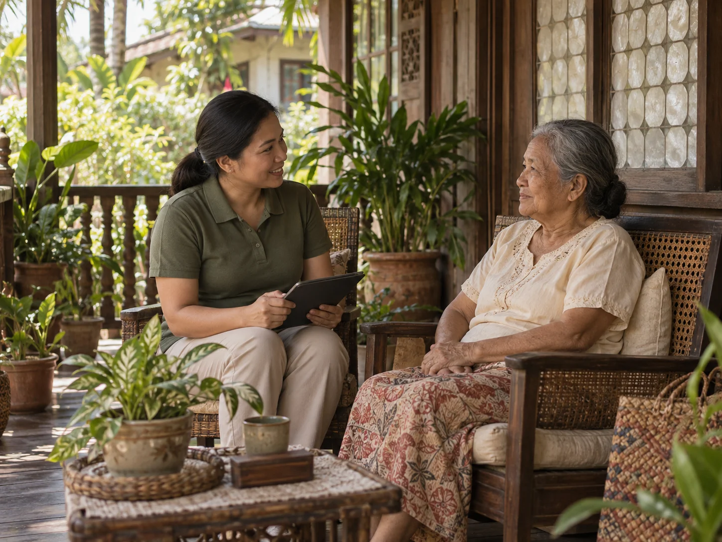 AI-generated scene of a barangay health worker listening to an older resident at home