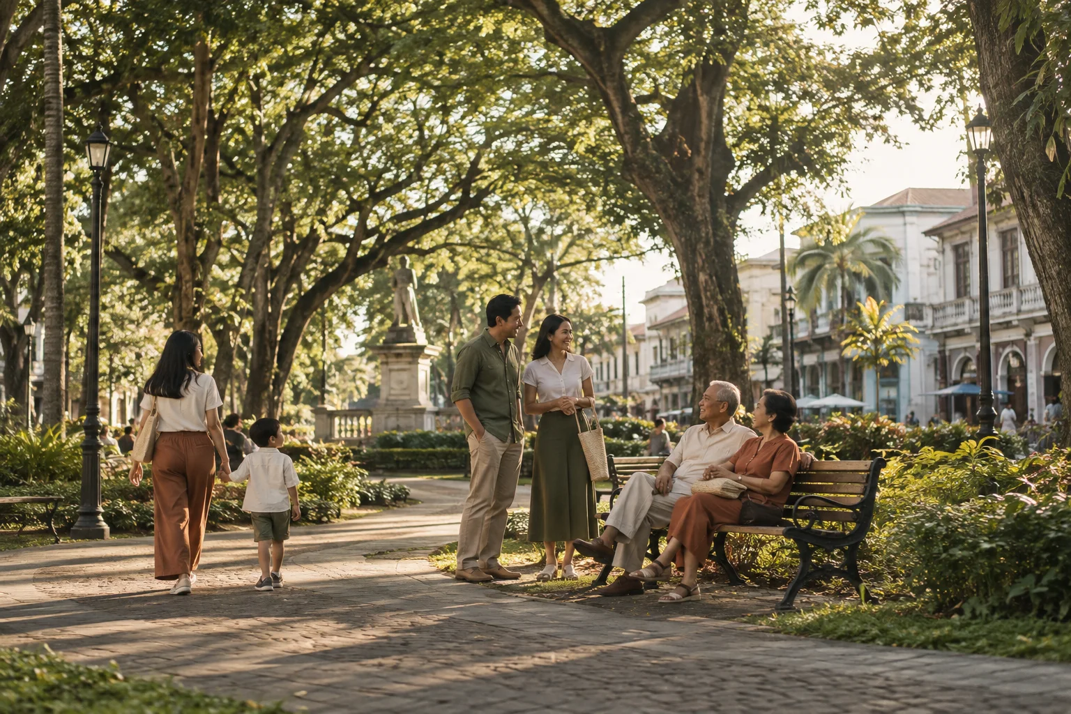 AI-generated scene of a Filipino family spending an afternoon in a leafy plaza